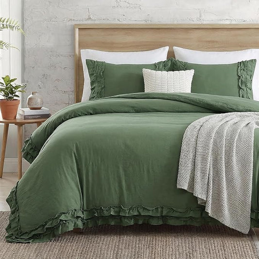 Bedorm Boho King Duvet Cover Olive Green Bedding Set Shabby Chic Lace Fringe Ruffle Bedding Super Soft Warm Farmhouse Comforter Cover 3 Pcs Sets