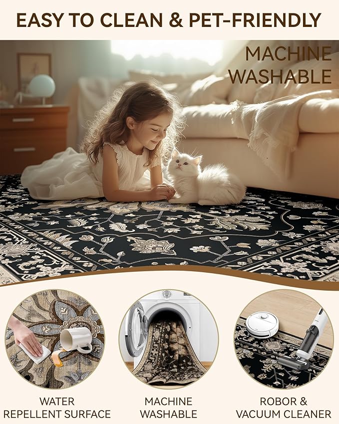 RELEANY Washable Area Rug, Runner 2'x8', Black/Neutral | Non-Slip, Water Repellent, Pet Friendly, Easy to Clean, Vintage Floral Boho Decor for Kitchen Hallway Bedroom Laundry