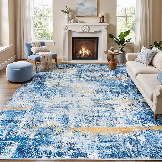 Rugflix 8x10 Area Rugs for Living Room, Washable Sky Blue Gold Large Rug | Machine Washable; Stain-Resistant; Low Pile; Non-Slip; Modern Abstract; Carpet for Bedroom Dining Office Nursery Home