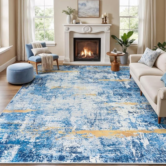 Rugflix 8x10 Area Rugs for Living Room, Washable Sky Blue Gold Large Rug | Machine Washable; Stain-Resistant; Low Pile; Non-Slip; Modern Abstract; Carpet for Bedroom Dining Office Nursery Home