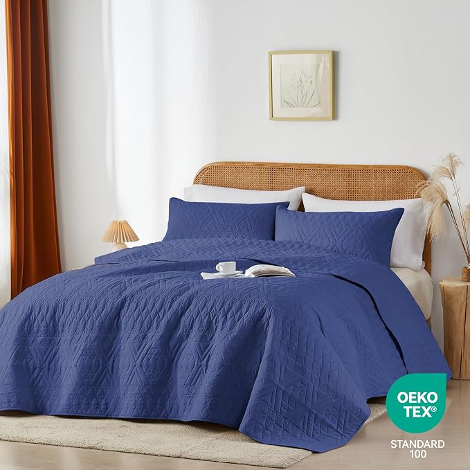 akkialla Twin Size Quilt Bedding Set,Navy Blue Lightweight Microfiber Soft Bedspreads,Modern Style Geoetric Pattern Coverlet Set for All Seasons,2 Piece(1 Quilt,1Pillow Sham)