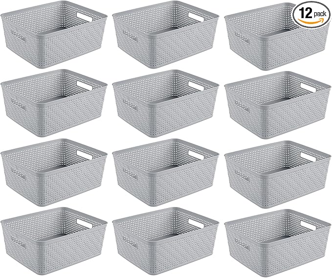 Sterilite 12 Pack Plastic Storage Bin Organization Containers, Short Baskets, Cement