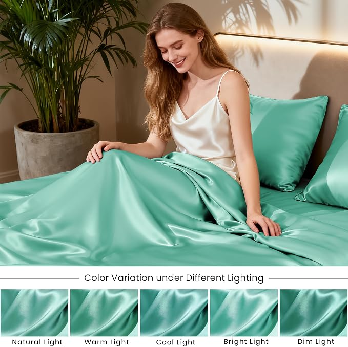 Love's cabin Satin King Sheet Sets - 4 Piece Aqua Silky Sheets King Size Bed Set with Deep Pocket, Luxury Silk Feel King Size Satin Sheet Set (1 Flat Sheet,1 Fitted Sheet,2 Pillow Cases)