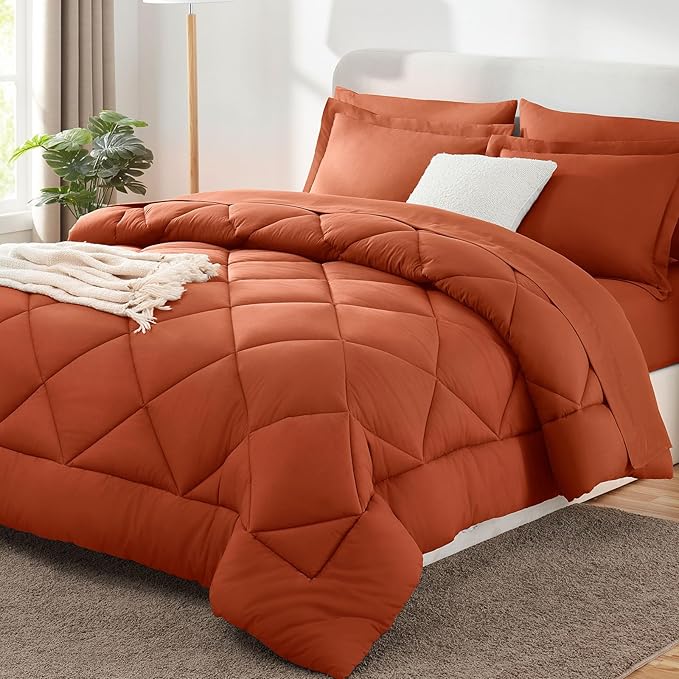 Full Size Comforter Sets Burnt Orange - 7 Pieces Bed in a Bag | OEKO-TEX Certified, All Season, 240GSM Down-Alternative Comforter, Sheets, Pillowcases & Shams, 14" Deep Pocket, Easy Care