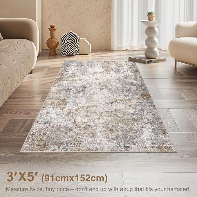 UERMEI 3x5 Entryway Area Rug Washable Neutral Brown Grey Small Carpet | Modern Abstract Non-Slip Soft Low Pile Rugs for Entrance Kitchen Living Room Bedroom Front Door Decor, Kid & Pet Friendly