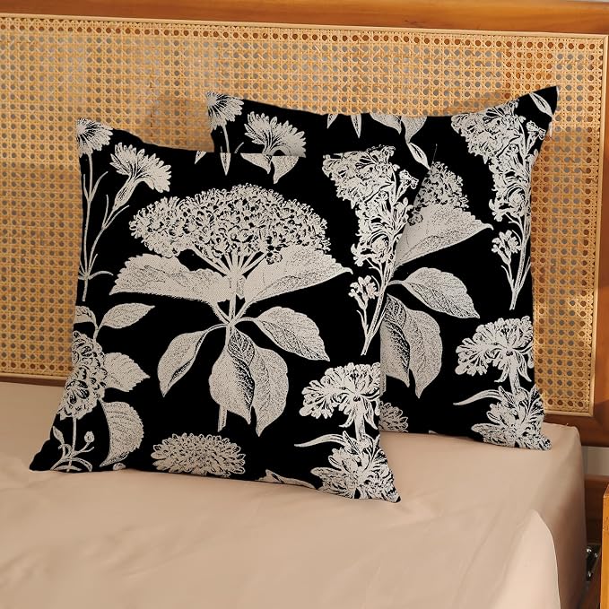 Vintage Floral Pillow Covers 18x18 Inch 2 Pcs Boho Black Hydrangea Flower Decor Throw Pillows Spring Summer Seasonal Outdoor Farmhouse Decoration Pillowcase Linen Cushion Cover for Couch
