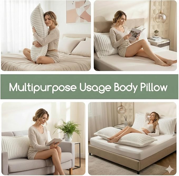 Luxurious Faux Fur Full Body Pillow for Adults,Shredded Memory Foam Body Pillows for Side Sleeper & Pregnancy, 20x54 Inch Fluffy Long Bed Pillow for Back Pain Relief, Removable Cover