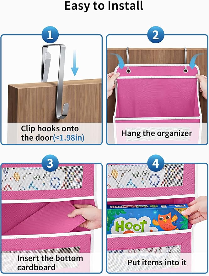 JARLINK Over the Door Organizer for Bedroom, Bathroom, 5 Shelf Rose Pink | Anti-Tilt Design, 44 lb Load Capacity, Hanging Door Organizer with 5 Large Capacity Pockets, Behind Door Storage for Nursery
