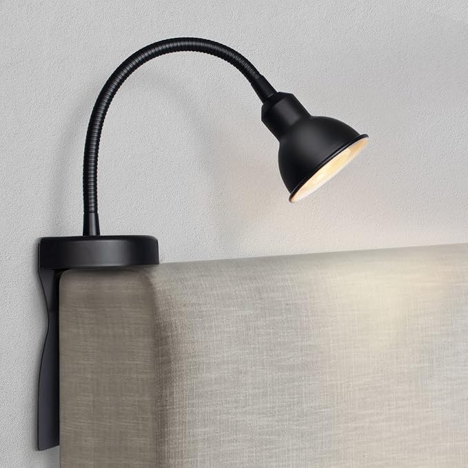 Patented Innovative Design Headboard Reading Light. No Drilling Golden Book Light for Bedtime Reading. Dimmable LED Book Reading Lamp with Bulb. Movable & Flexible, Black