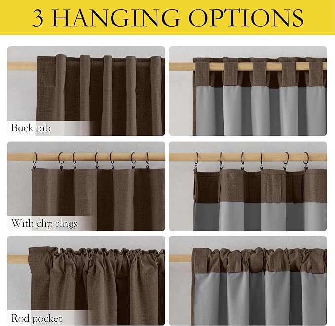NICETOWN 100% Blackout Brown Curtains for Living Room 2 Panels Linen Blend | Bedroom Curtains for Light Sensitive Sleepers Noise Reducing, Privacy Protection, Thermal Insulated, W52" x L84" per Panel