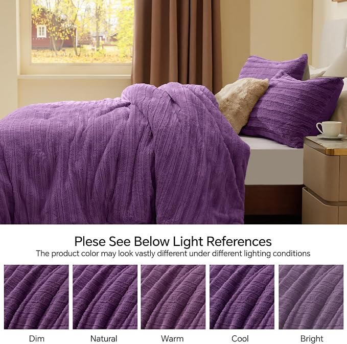 BEDELITE Faux Fur King Size Comforter Set, Fluffy Bed Set, Purple | Super Soft & Warm, Luxury Fuzzy Cozy Comforter for Winter, Heavy Plush Bed set, with 2 Pillowcases