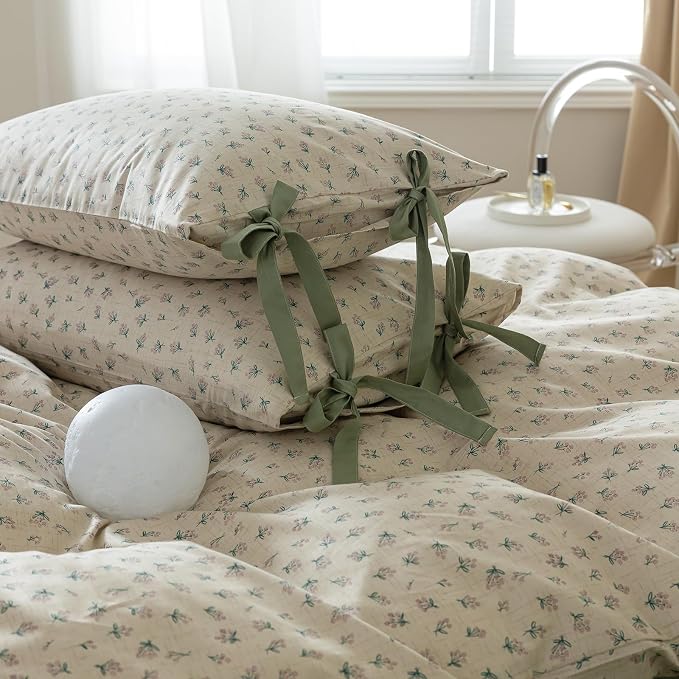 mixinni Country Style Duvet Cover Full Size - Cottagecore Green Floral Vintage Bedding 3PC with Bow Ties Pillowcases, 100% Cotton Soft Aesthetic Boho Comforter Cover for Girls-Full Size