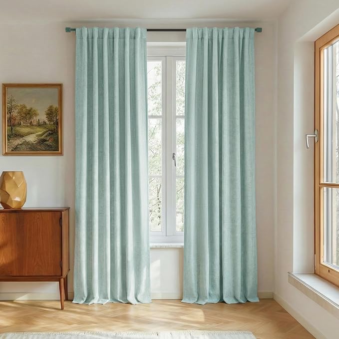 NICETOWN 100% Blackout Linen Curtains 108" Length 2 Panels, Seafoam Green | Thermal Insulated Long Drapes Noise Reducing, Privacy Protection Window Draperies for Night Shift Workers, W52" x L108"