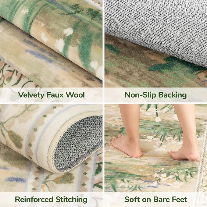 Washable Area Rugs 9 x 12 for Living Room,Large Carpet Beige Sage | Durable Stain Resistant,Kid Pet Friendly,Compatible with All Vacuums,0.25inch Low Pile for Bedroom Dining Room Home Office