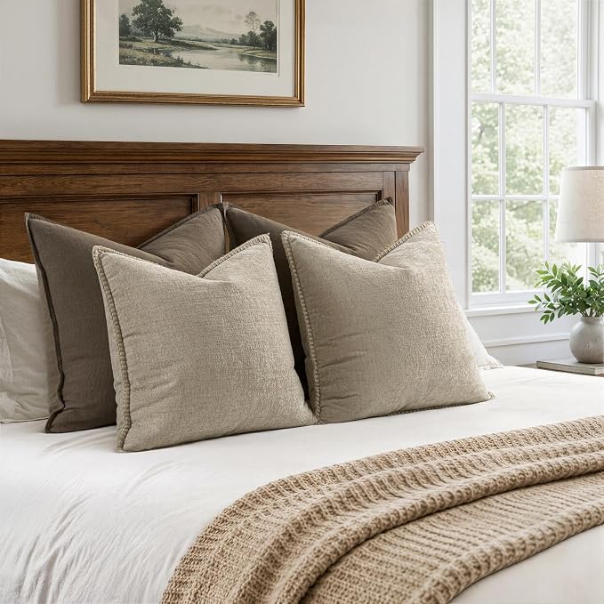 MIULEE Decorative Couch Throw Pillow Covers 20x20 Inch Light Taupe 2 Pack | Neutral Farmhouse Pillow Covers with Stitched Edge, Soft Chenille Cushion Cases, for Sofa Bed Living Room Home Decor