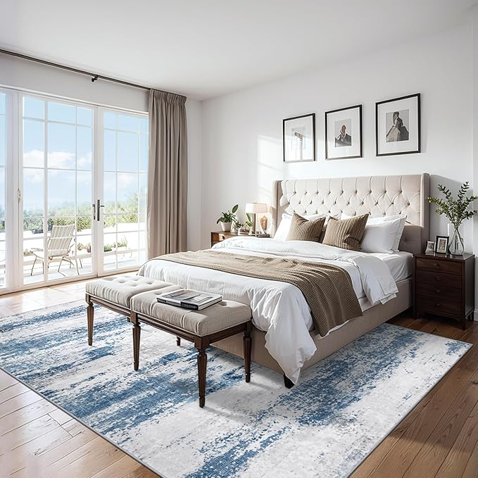 PLHXFR 6x9 Area Rug Living Room: Abstract Washable Carpet White Blue | For Bedroom Dining Room Farmhouse Nursery Home,Machine washable,Non Slip,Large Soft Neutral,Stain Resistant, Indoor Floor