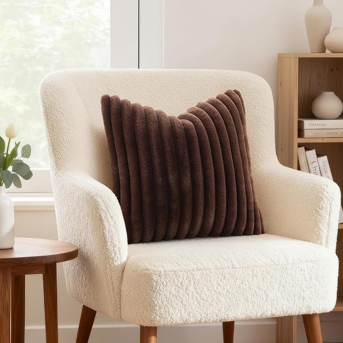 decorUhome Fall Faux Fur Throw Pillow Covers 26x26 Set of 2 Dark Brown | Decorative Soft Cozy Striped Plush Modern Farmhouse Boho Couch Pillow Cases Velvet Back for Sofa Bed Living Room Home Decor