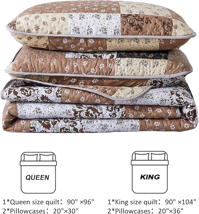 Mybedsoul Boho Quilts Queen Size, Patchwork Fall Bedding Set, Khaki | Soft Lightweight Microfiber Floral Coverlet Set, 3 Pieces Plaid Reversible Bedspread, Bed Sets for All Seasons 90"x96"