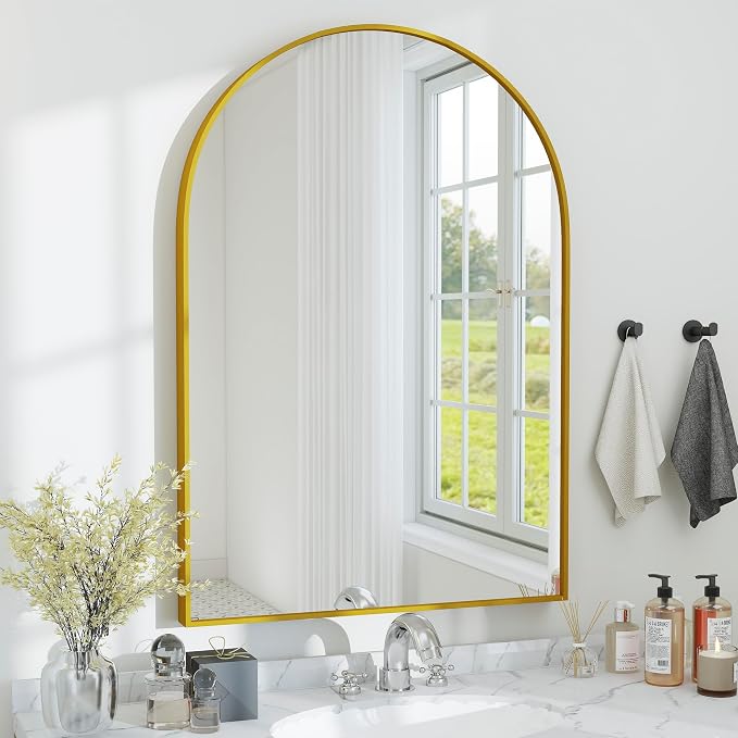 36x24 Bathroom Mirror Arch Wall Mounted/Against Aluminum Frame Gold | HD Crystal Clear No distortion Tempered Glass,Make-Up Vanity Mirrors for Bedroom,Entryway,Living Room