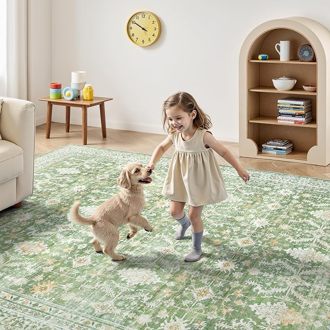 8x10 Area Rugs for Living Room, Washable Large Carpet, Light Green | Soft Rug for Bedroom, Dining Room, Home Office, Indoor, Nursery, Stain Resistant, Non-Slip, Low Pile,Vintage Distressed Rug