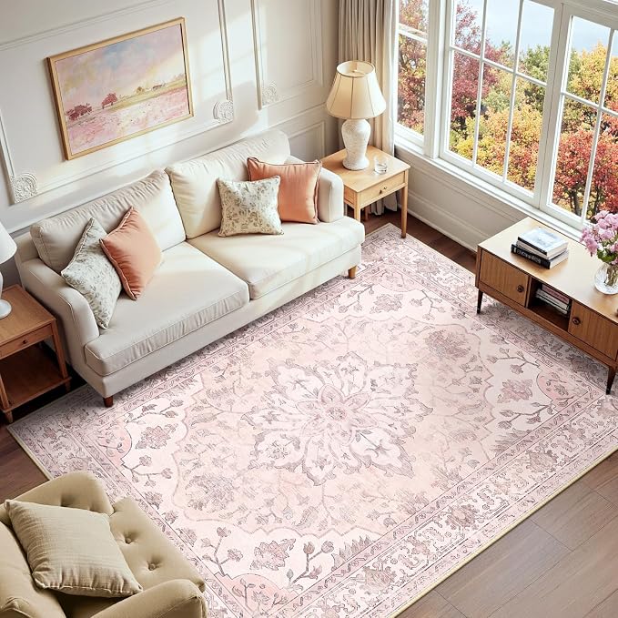 RELEANY Washable Area Rug, 6'x9', Pink | Non-Slip, Water Repellent, Pet Friendly, Easy to Clean, Vintage Floral Boho Decor for Living Room Bedroom Dining Room Office
