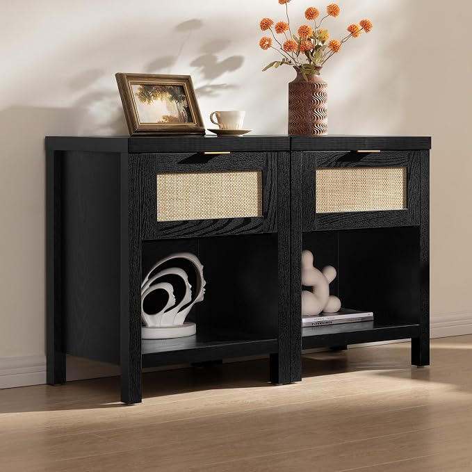 SICOTAS Black Rattan Nightstands Set of 2 with Drawer | Farmhouse Bedside Table with Storage, 19.7" Modern Bed Side Table for Bedroom, Small Space, Black Oak