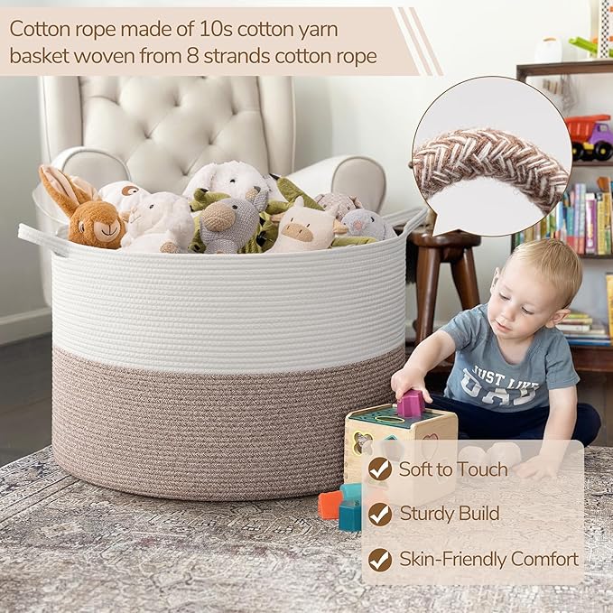 INDRESSME 115L Extra Large Woven Rope Blanket Basket Living Room, Brown | 23.6" x 15.7" Storage baskets for toys laundry & pillows. Fits living room, bedroom or nursery décor. Soft-touch with handles