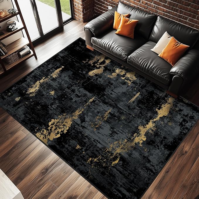 RELEANY Washable 6'x8' Abstract Area Rug for Living Room Black Gold | Carpet for Bedroom, Kitchen, Office, Hallway and Entryway, Printed Pattern, Non‑Slip, Soft, Stain‑Resistant, Easy to Clean