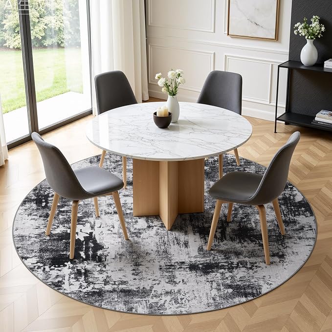Rugflix Round Area Rugs 6Ft for Living Room, Washable Black Grey Circle Rug | Machine Washable; Stain-Resistant; Low Pile; Non-Slip; Modern Abstract; Carpet for Bedroom Dining Office Nursery Home