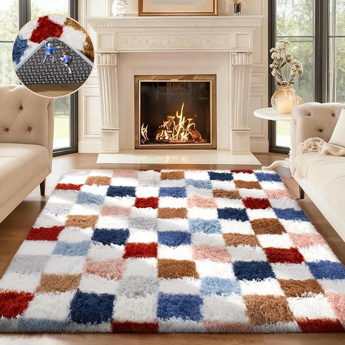 Ophanie Checkered Rainbow Rug for Living Room Bedroom,Colorful Fluffy Soft Cute Fuzzy Area Rugs,Shag Plush Shaggy Bedside Floor 4x6 Furry Carpet Kids Baby Teen Dorm Decor with Over 99 pcs Pile fibers