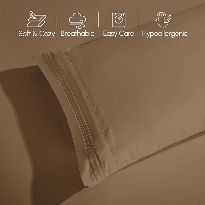 Elegant Comfort Luxurious 1500 Premium Hotel Quality Microfiber Three Line Embroidered Softest 4-Piece Bed Sheet Set, Wrinkle and Fade Resistant, King, Taupe