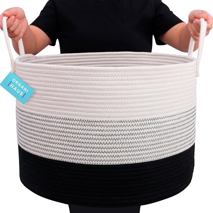 OrganiHaus Round Toy Basket & Blanket Basket, Cotton Rope 20x13" | 3-Toned Black - Round Cotton Rope Basket, 20x13"