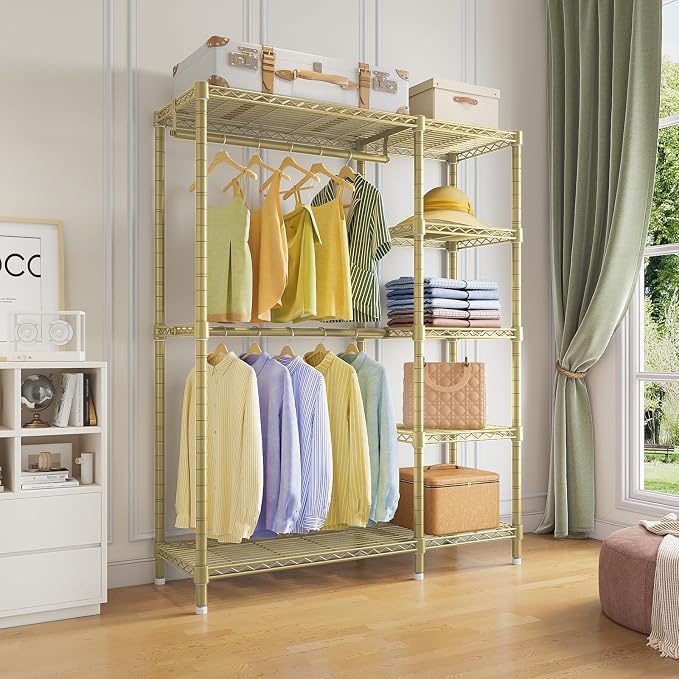VIPEK V7 Garment Rack with Shelves Portable Closet for Hanging Clothes | 5 Tiers Adjustable Wire Shelving, Double Hanging Rods, 670lbs Metal Closet System, Space-Saving Storage for Apartment,Gold