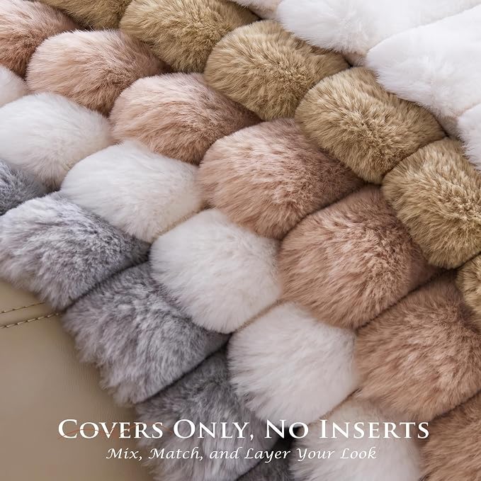 Pack of 2 Throw Pillow Covers 18x18 Decorative Solid Plush Faux Fur with Soft Velvet Back, Square Striped Cushion Cases Modern Farmhouse Home Decor for Living Room Couch Sofa Bed Khaki