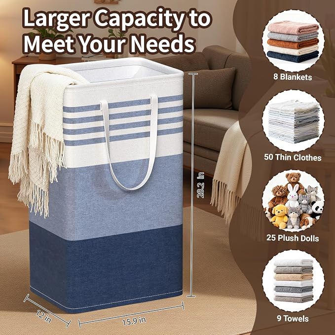 WOWBOX 2 Pack Laundry Baskets, Collapsible Dirty Clothes Laundry Hampers | with Reinforced Handles, Waterproof Coating, 2 Pack for Clean & Dirty Clothes, for Bedroom, Bathroom, Dorm (88L Blue)