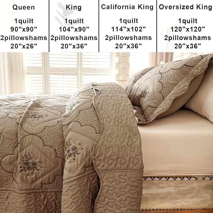 Cmfshape Oversized Floral Embroidery Quilt,3 Pieces California King Quilt Bedding Set,Classic Diamond Pattern Quilt,Ultra Soft Lightweight Reversible Bedspread Coverlet for All Season(Taupe,114"x102")