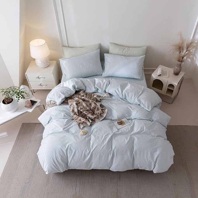 BDEAR 3Pcs Light Blue Pinstriped Duvet Cover Set King Size 104''Wx90''L | Light Weight Design, 1 Duvet Cover with 2 Pillowcases, Zipper Closure, OEKO TEX Standard,8 Corner Ties, Skin Friendly