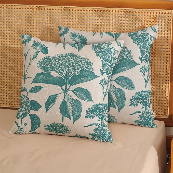 Aqua Teal Pillow Covers 18x18 Inch 2 Pcs Boho Vintage Floral Decor Throw Pillows Hydrangea Flower Summer Outdoor Farmhouse Neutral Accent Decoration Pillowcase Linen Cushion Cover for Sofa