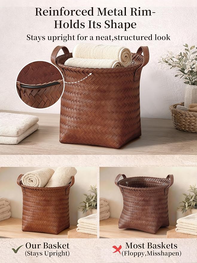 Wicker Storage Baskets, 4 Pack Woven Baskets for Shelves, Brown | PP Rattan, Water-resistant Wicker Basket, Large Baskets with Faux Leather Handles for Blanket, Laundry Organizer, Room Decor