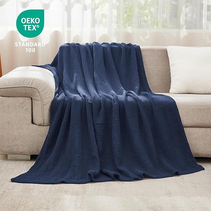 EMME Muslin Blankets for Adults Throw Blanket for Couch Breathable Gauze Soft Lightweight Airy Navy Twin XL 66" x 90"