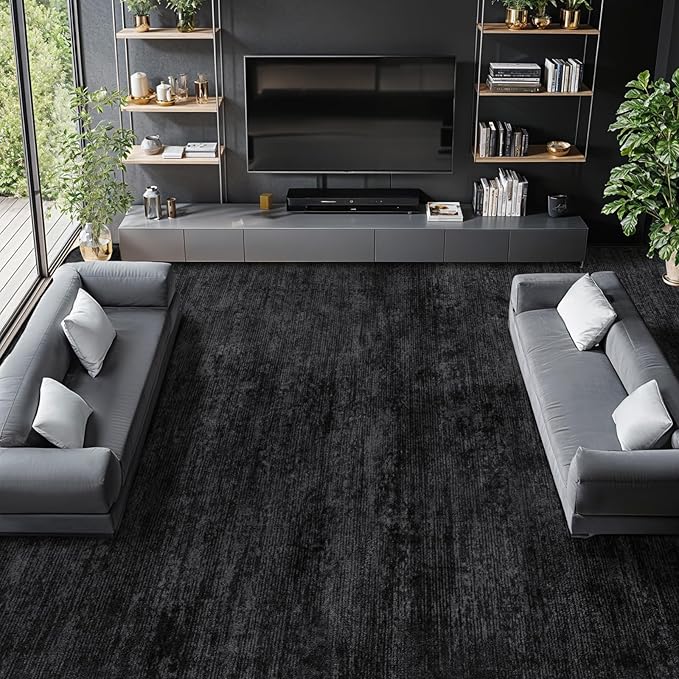 LIANLAM 10x12 Washable Rug, Black Solid Area Rugs for Living Room & Bedroom | Stain-resistant & Non-slip backing,Low Pile Washable Large Carpet, Solid Vintage Style For High Traffic Areas(10x12,Black)
