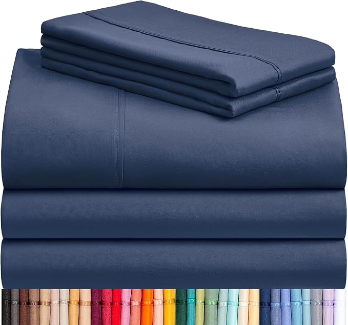 LuxClub 5 PC Split King Sheet Set, Deep Pockets Wrinkle Free Cooling Bed Sheets Hotel Bedding for Women, Men, Includes 2 Fitted Sheet, 1 Flat Sheet and 2 PillowcasesSoft Navy | LuxClub Silky Fitted Sheet & Pillowcase Sets, Breathable Hotel Luxury Beddi...