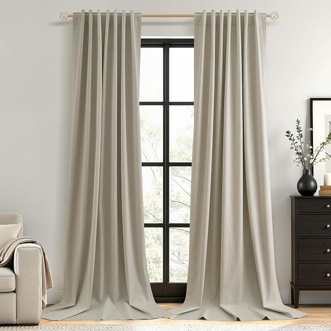 Extra Long 100% Blackout Linen Curtains for Bedroom 120 inches Long 10 FT, Thermal Insulated Room Darkening Black Out Window Drapes for Living Room, Back Tab Rod Pocket 2 Panels,Cobblestone,52x120