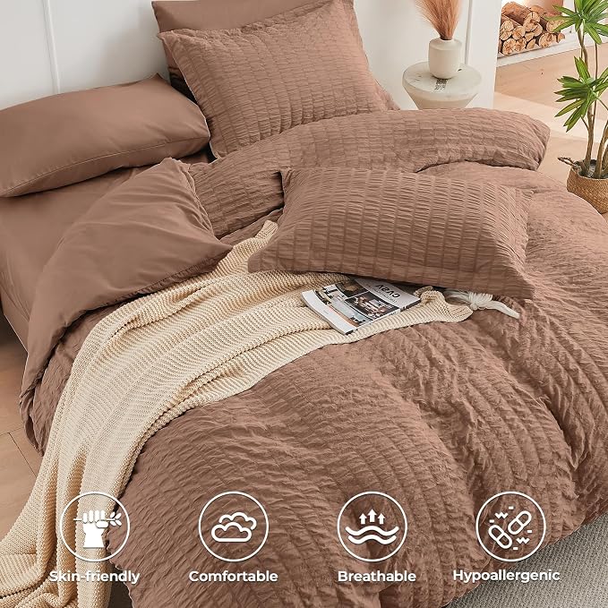 HYMOKEGE Mocha Mousse Full Size Comforter Sets Seersucker 7 Pieces, All Season Luxury Bed in a Bag for Bedroom, Bedding Set with Comforter, Sheets, Pillowcases & Shams