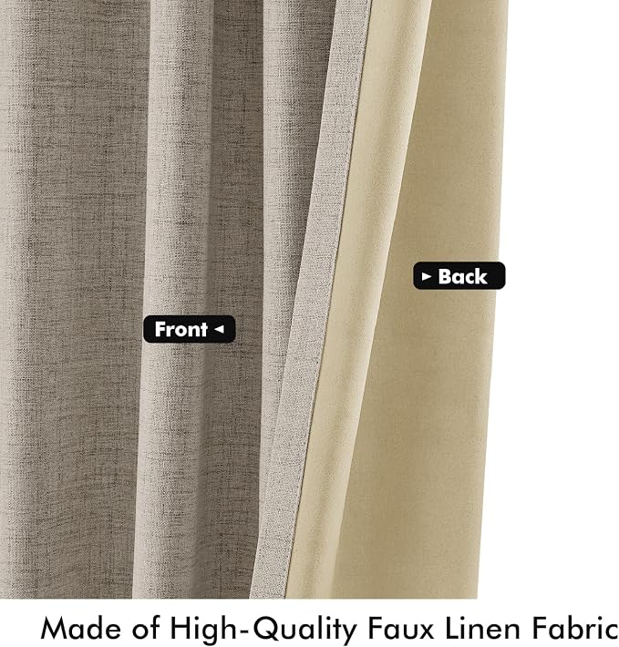 MIULEE 100% Blackout Linen Curtains 42 x 72 Inch Pebble Taupe 2 Panels | Thermal Insulated, Room Darkening Drapes for Bedroom Living Room, Back Tab Rod Pocket Pinch Pleated, Solid Luxury Decor