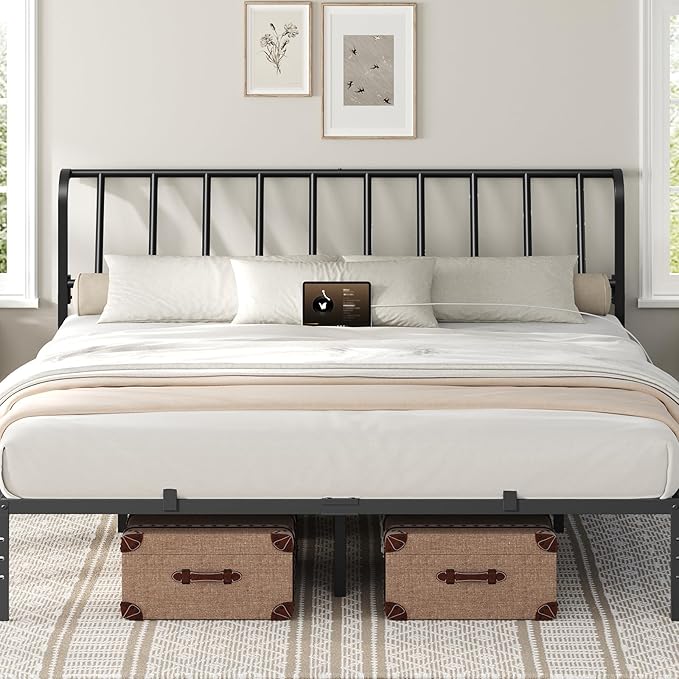 MAHANCRIS King Size Headboard Only, Metal Headboard with 2 Power Strips, 95 Degrees Reclining Backrest with Bed Frame Adapters, Easy Assembly, Black