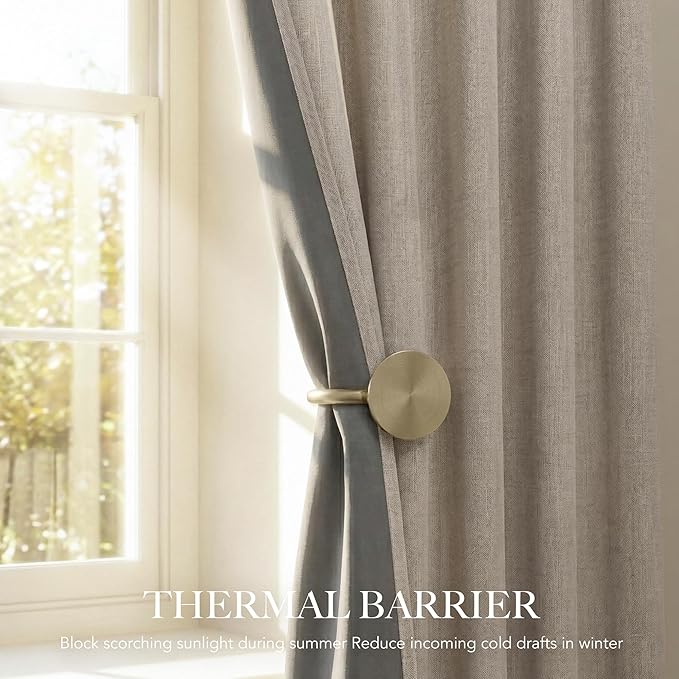 RYB HOME Linen Textured 100% Blackout Curtains 90 Inch Long for Bedroom | Thermal Insulated, Energy Saving, for Living Room Dining Sliding Glass Door Nursery, W52 x L90, 2 Panels,Natural Beige