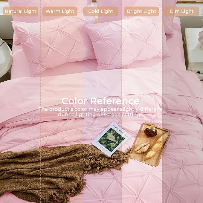 Sasttie Oversized King Comforter Set, 7-Piece Bed in a Bag, Pintuck Bedding Sets for All Season, Includes Comforter, Flat Sheet, Fitted Sheet, Pillowcases and Pillowshams, Baby Pink