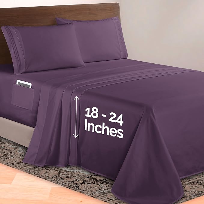 Elegant Comfort Luxurious 1500 Premium Hotel Quality Microfiber 4-Piece Sheet Set, 18-24 Inches Deep - Extra Deep Pocket Sheets - Ultra Soft 4PC Deep Pocket Sheets, Twin/Twin XL, Eggplant-Purple