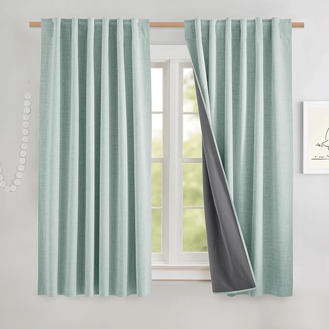 NICETOWN Seafoam Green 100% Blackout Short Curtains W52 x L48 in Set of 2 | Thermal Insulated & Noise Reducing Small Window Treatments, Rod Pocket & Back Tab Linen Blend Cafe Curtains for Kids Room